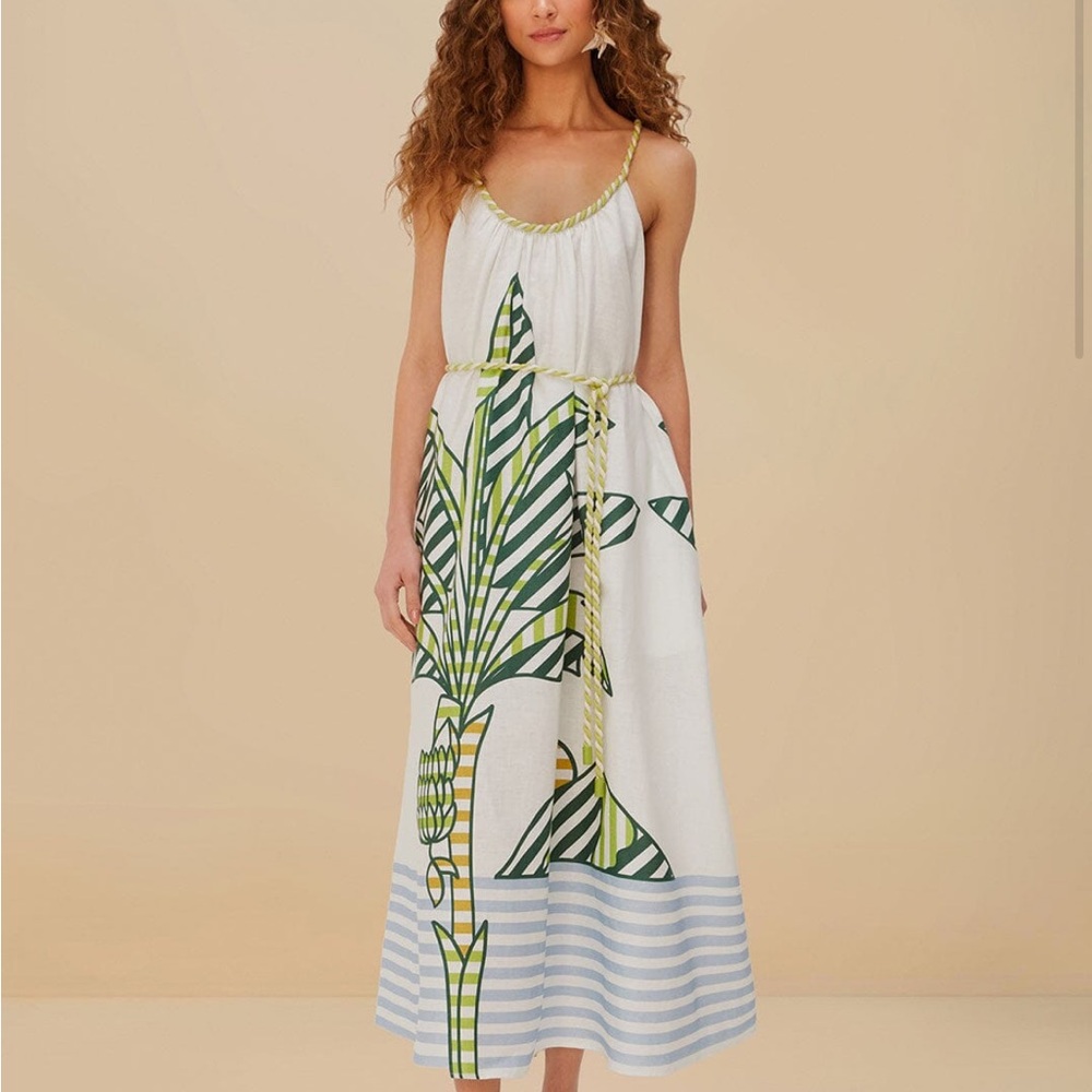 FARM Rio Off-White Banana Tree Euroflax™ Premium Linen Maxi Dress. Tropical prin